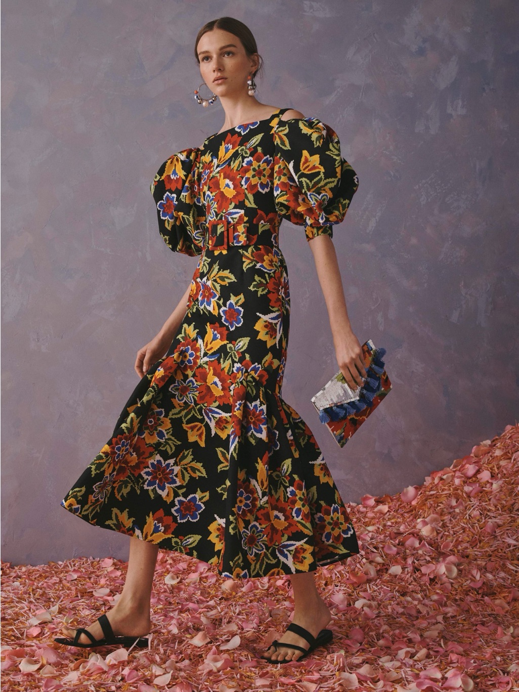 Carolina Herrera Floral Puff-Sleeve Midi Dress | Size 6 | Resort 2020